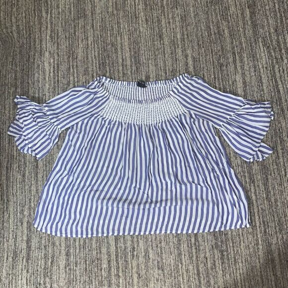 ANA A New Approach Womens Size Medium Smocked Front Blouse Blue‎ White Stripe - Picture 1 of 6